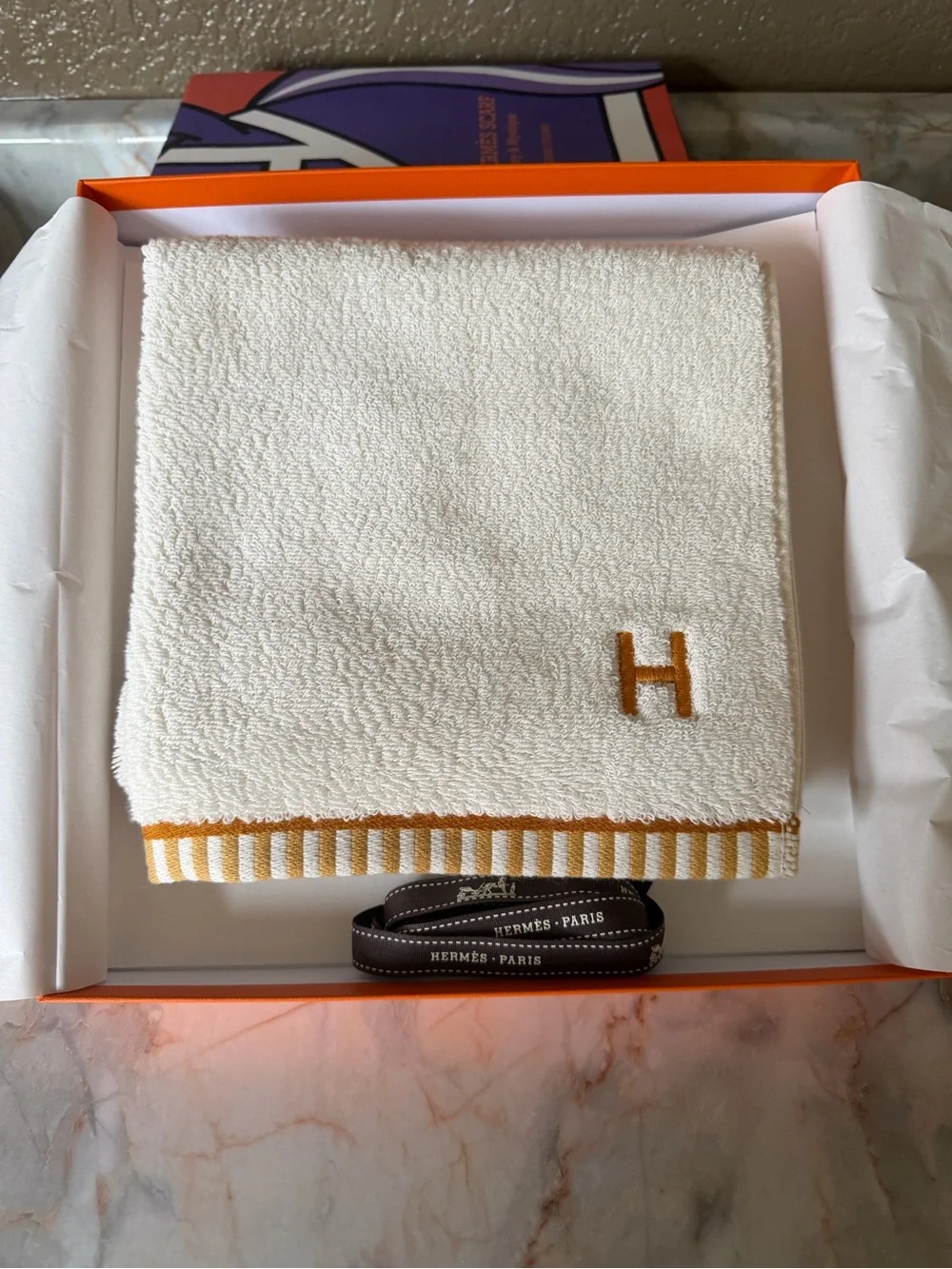 Hermes Cream and Orange Reversible Stripe Hand Towel with Embroidered H